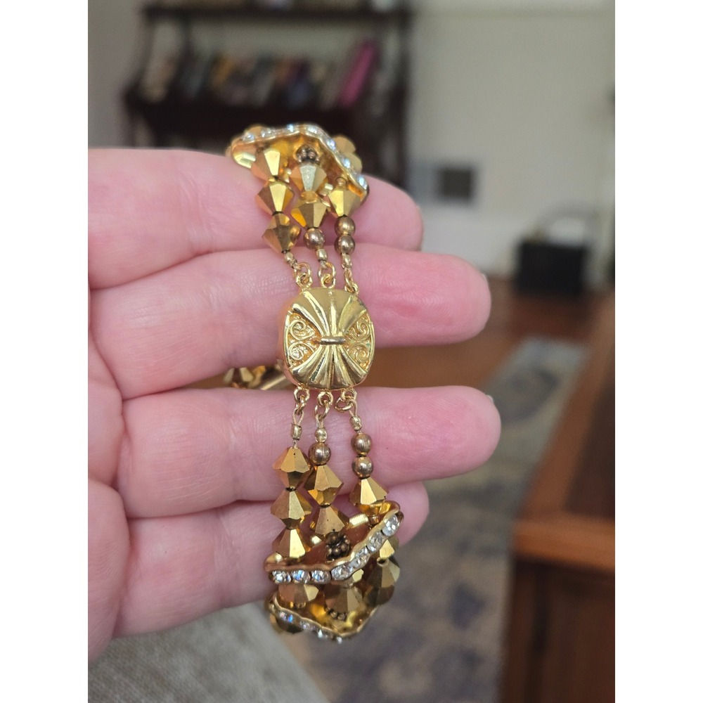 Amber Color Beads Rhinestone Bracelet Multistrand Vintage